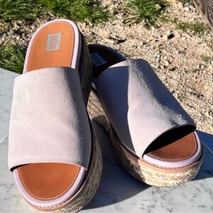 FitFlop Eloise Pale Pink Suede Platform Slide Sandal, 8, Espadrille Jute Soles